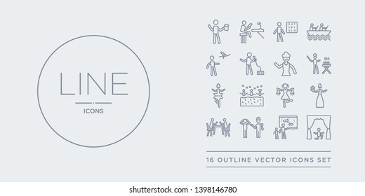 16 line vector icons set such as acting, aquarium, arrest, baccarat, baking contains balancing, ball pit, ballerina, barbeque. acting, aquarium, arrest from activity and hobbies outline icons. thin,