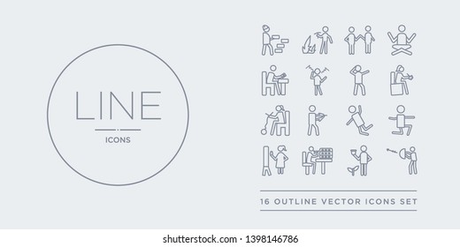 16 line vector icons set such as hunting, hydroponics, insect collecting, jewelry making, jumping contains jumping to the water, knife making, knitting, lace making. hunting, hydroponics, insect