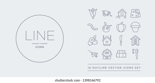 16 line vector icons set such as axe, bale, barn, barrow, beehive contains billhook, bird house, berry, bucket. axe, bale, barn from agriculture, farming outline icons. thin, stroke elements