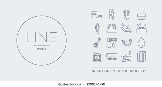 16 line vector icons set such as 2steam bath, adrenalin rush, air cooling, aroma stimulation, arterioles contains asian bath, banja, birching, body heat gain. 2steam bath, adrenalin rush, air