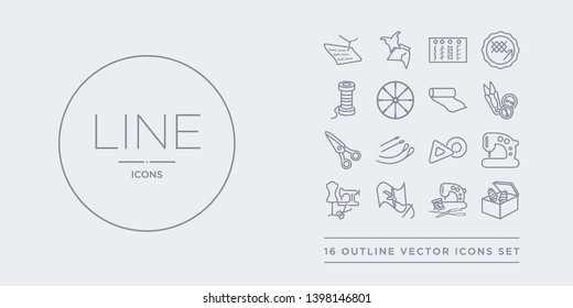 16 line vector icons set such as sewing box, sewing clip art, sewing craft, equipment, machine contains marker, needles, scissors, tools. box, clip art, craft from sew outline icons. thin, stroke