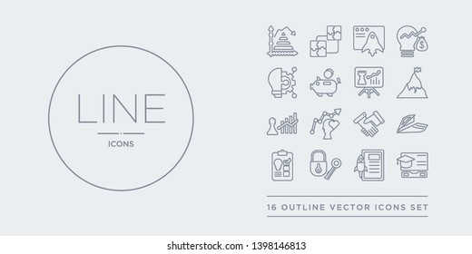16 line vector icons set such as mortarboard, new product, open padlock, overcome, paper plane contains partnership, passion, pawn, peak. mortarboard, new product, open padlock from startup outline