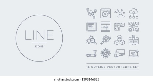 16 line vector icons set such as resolution, responsive web de, retina display, routers, sales funnel contains sdk, search engine marketing, search engine optimization, selector. resolution,