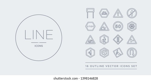 16 line vector icons set such as roundabout, school ahead, side road,  , skateboard contains slippery, slope, snow, speed limit. roundabout, school ahead, side road from traffic sign outline icons.