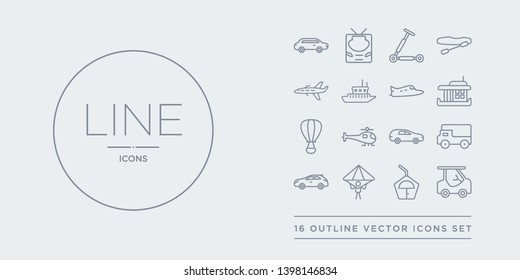 16 line vector icons set such as golf cart, gondola, hang glider, hatchback, haul contains hearse, helicopter, hot air balloon, houseboat. golf cart, gondola, hang glider from transportation outline