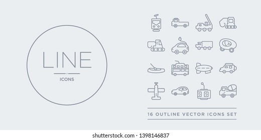 16 line vector icons set such as cement truck, chairlift, compact car, crop duster, cruiser contains dirigible, double decker bus, dugout canoe, eco-friendly transport. cement truck, chairlift,