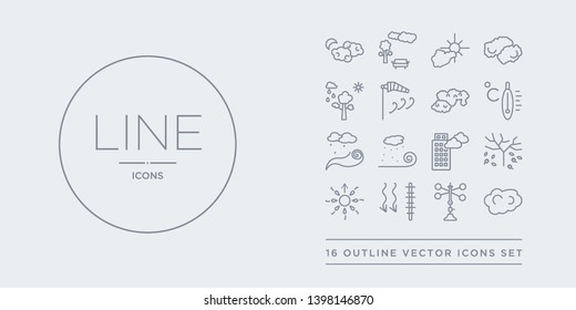 Los iconos vectoriales de 16 líneas como altostratus, anemómetro, presión atmosférica, aurora, otoño contiene manta de niebla, blizzard, brisa, celsius. altostrato, anemómetro, presión atmosférica procedente de