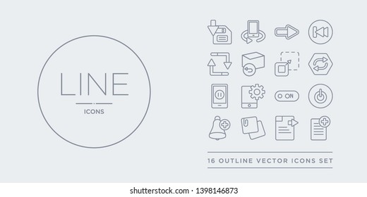 16 line vector icons set such as new file, next page, note, notification, off contains on, options, pause, repeat. new file, next page, note from user interface outline icons. thin, stroke elements