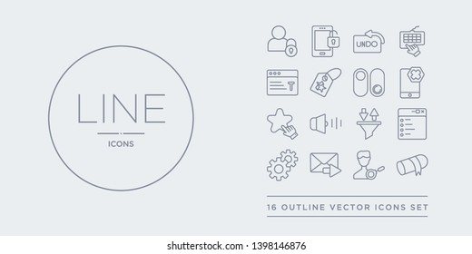 16 line vector icons set such as scroll, selection, send, settings, side menu contains sort, sound, star, stop. scroll, selection, send from user interface outline icons. thin, stroke elements