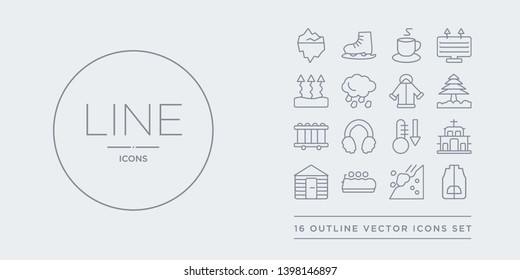 16 line vector icons set such as anorak vest, avalanche, bobsled, chalet, chapel contains cold, earmuffs, electric heater, fir. anorak vest, avalanche, bobsled from winter outline icons. thin,