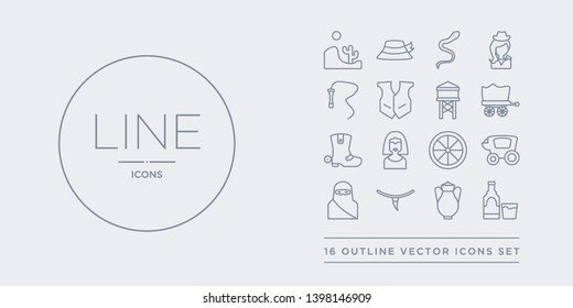 16 line vector icons set such as alcohol bottle, amphora, amulet, arab, carriage contains cart wheel, cleopatra, cowboy boot, cowboy cart. alcohol bottle, amphora, amulet from desert outline icons.