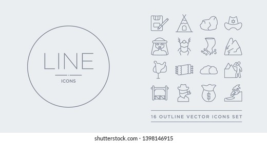 16 line vector icons set such as oasis, old money bag, outlaw, paddock, prefect contains rock, rug, saddle, salty desert. oasis, old money bag, outlaw from desert outline icons. thin, stroke