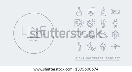 16 line vector icons set such as accident, air travel insurance, bite, broken arm, building insurance contains burning car, car insurance, cargo child. accident, air travel bite from outline icons.
