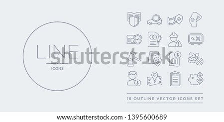 16 line vector icons set such as savings, total loss, replacement value, beneficiary, risk pool contains actual cash value, coverage area, legal expenses, bank safe. savings, total loss, replacement