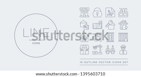 16 line vector icons set such as agent, bridges, constructions, cottage, facade contains flat, for rent, home repair, house front view. agent, bridges, constructions from real estate outline icons.