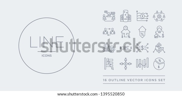 16 line vector icons set such as margin, median,\
merger, microeconomics, minimum wage contains monetarism, monetary\
policy committee, money supply, mortgage broker. margin, median,\
merger from