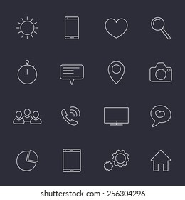 16 line web white icons on dark background, vector illustration, eps10, easy to edit