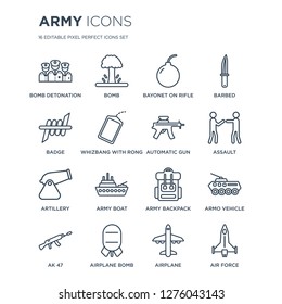 16 linear Army icons such as Bomb Detonation, Bomb, Airplane AK 47, Armo Vehicle, Air force, Badge modern with thin stroke, vector illustration, eps10, trendy line icon set.