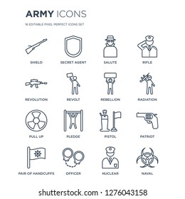 16 linear Army icons such as Shield, secret agent, officer, Pair of Handcuffs, Patriot, naval, Revolution modern with thin stroke, vector illustration, eps10, trendy line icon set.