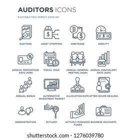 16 linear Auditors icons such as Auditors, Asset stripping, Actuary, Administration, After-hours dealing modern with thin stroke, vector illustration, eps10, trendy line icon set.