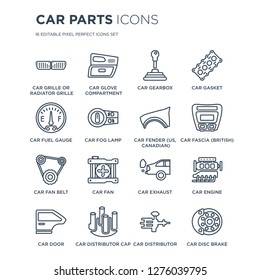 16 linear Car parts icons such as car grille or radiator grille, glove compartment, distributor cap, door modern with thin stroke, vector illustration, eps10, trendy line icon set.