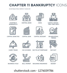 16 linear Chapter 11 bankruptcy icons such as bankruptcy, Central bank, Bull market, Business cycle, Buy-out modern with thin stroke, vector illustration, eps10, trendy line icon set.