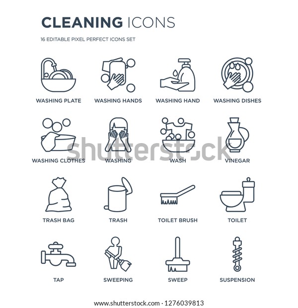 16\
linear Cleaning icons such as Washing plate, WASHING HANDS,\
Sweeping, Tap, Toilet, Suspension, clothes modern with thin stroke,\
vector illustration, eps10, trendy line icon\
set.