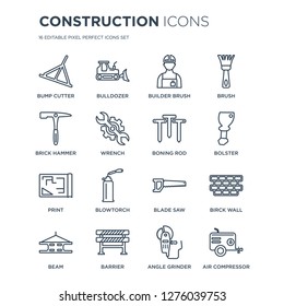 16 linear Construction icons such as Bump cutter, Bulldozer, Barrier, Beam, Birck Wall, Air compressor, Brick hammer modern with thin stroke, vector illustration, eps10, trendy line icon set.