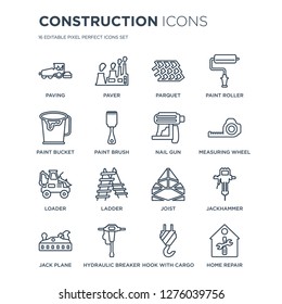 16 linear Construction icons such as Paving, Paver, Hydraulic breaker, Jack plane, Jackhammer, home repair modern with thin stroke, vector illustration, eps10, trendy line icon set.