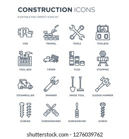 16 linear Construction icons such as Vise, Trowel, Screwdrivers, Screws, Sledge hammer, Screw, Tool box modern with thin stroke, vector illustration, eps10, trendy line icon set.