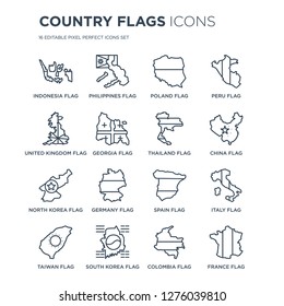 16 linear Country Flags icons such as Indonesia flag, Philippines South Korea Taiwan Italy flag modern with thin stroke, vector illustration, eps10, trendy line icon set.