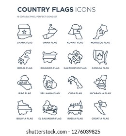 16 linear Country Flags icons such as Ghana flag, Oman El Salvador Bolivia Nicaragua flag modern with thin stroke, vector illustration, eps10, trendy line icon set.