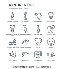 16 linear Dentist icons such as Toothpaste tube, Toothpaste, Sealants, Shiny Tooth, Smiling, Prophylaxis modern with thin stroke, vector illustration, eps10, trendy line icon set.