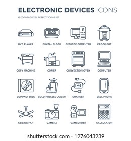 16 linear Electronic devices icons such as DVD Player, Digital clock, Camera, ceiling fan, cell phone, Calculator modern with thin stroke, vector illustration, eps10, trendy line icon set.