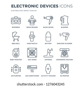 16 linear Electronic devices icons such as Boombox, book reader, Air conditioner, purifier, answering machine modern with thin stroke, vector illustration, eps10, trendy line icon set.