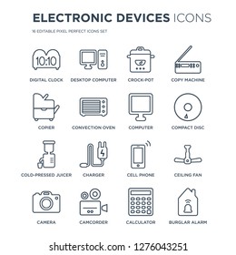 16 linear Electronic devices icons such as Digital clock, Desktop computer, Camcorder, Camera, ceiling fan modern with thin stroke, vector illustration, eps10, trendy line icon set.