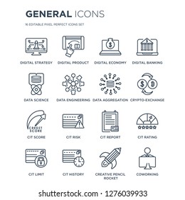 16 linear general icons such as digital strategy, product, cit history, limit, rating, coworking modern with thin stroke, vector illustration, eps10, trendy line icon set.