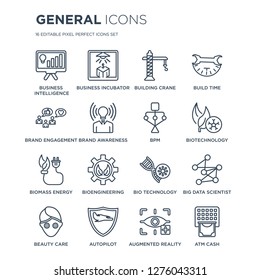 16 linear general icons such as business intelligence, incubator, autopilot, beauty care, big data scientist modern with thin stroke, vector illustration, eps10, trendy line icon set.