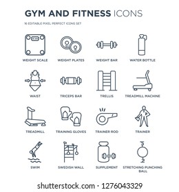 16 linear Gym and fitness icons such as Weight scale, plates, Swedish Wall, Swim, Trainer modern with thin stroke, vector illustration, eps10, trendy line icon set.