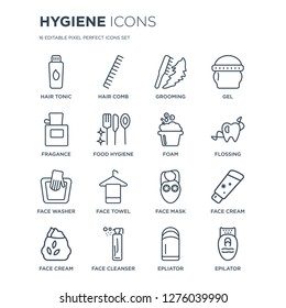 16 linear Hygiene icons such as hair tonic, Hair comb, Face cleanser, face cream, epilator, Fragance modern with thin stroke, vector illustration, eps10, trendy line icon set.