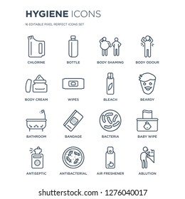 16 linear Hygiene icons such as Chlorine, Bottle, antibacterial, Antiseptic, baby wipe, ablution, body Cream modern with thin stroke, vector illustration, eps10, trendy line icon set.