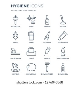 16 linear Hygiene icons such as Washbasin, Virus, Shower cap, soap bar, dispenser, shaving gel, Urinal modern with thin stroke, vector illustration, eps10, trendy line icon set.