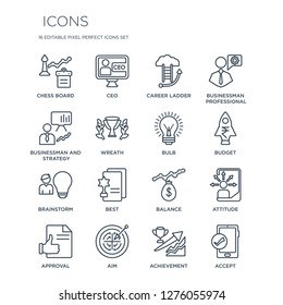 16 linear  icons such as Chess board, Ceo, Aim, Approval, Attitude, Accept, Businessman and strategy, Brainstorm, Bulb modern with thin stroke, vector illustration, eps10, trendy line icon set.