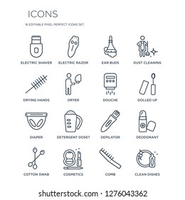 16 linear  icons such as Electric shaver, razor, Cosmetics, Cotton swab, Deodorant, Clean dishes, drying hands modern with thin stroke, vector illustration, eps10, trendy line icon set.