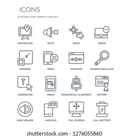 16 linear  icons such as Navigation, Mute, Hashtag, High Volume, History, Full battery, Minimize, Lowercase, Maximize modern with thin stroke, vector illustration, eps10, trendy line icon set.