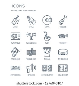 16 linear  icons such as Violin, Viola, Speaker, Synthesizer, Tambourine, Sound mixer, Turntable, Trombone, Tuba modern with thin stroke, vector illustration, eps10, trendy line icon set.
