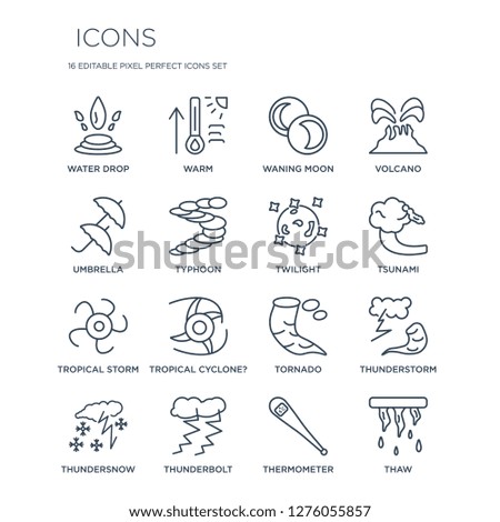 16 linear  icons such as Water drop, Warm, Thunderbolt, Thundersnow, Thunderstorm, thaw, Umbrella modern with thin stroke, vector illustration, eps10, trendy line icon set.