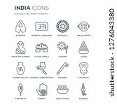 16 linear india icons such as Namaste, marathi language, Karma, Kartikeya, Kathakali, Kandeel, mahatma gandhi modern with thin stroke, vector illustration, eps10, trendy line icon set.