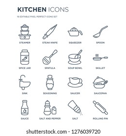 16 linear Kitchen icons such as steamer, steak knife, Salt and pepper, Sauce, Saucepan, Rolling pin, spice jar modern with thin stroke, vector illustration, eps10, trendy line icon set.