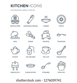 16 linear Kitchen icons such as waffle iron, vegetable peeler, sugar sifter, tablecloth, tablespoon, stew pot, Tray modern with thin stroke, vector illustration, eps10, trendy line icon set.